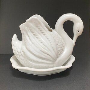 Adorable Little White Swan Planter with Attached Saucer in White